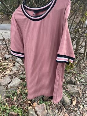 SHEIN Pink Ribbed Short Sleeve Top with Striped Trim